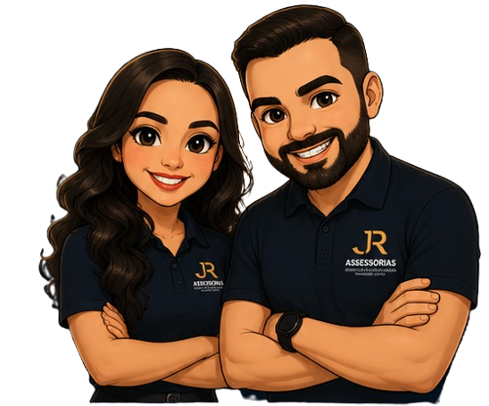 Personagens animados da JR Assessorias com uniforme da empresa